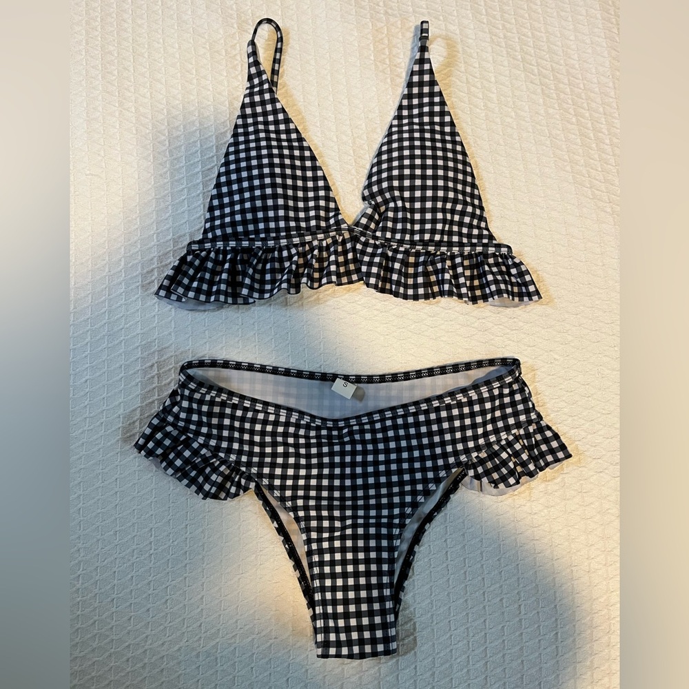 Gingham Ruffle Hems Triangle High Rise Bikini Set